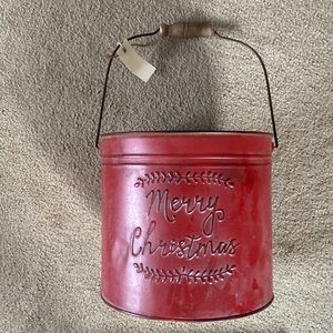 Country Red Merry Christmas Bucket with Wood Handle